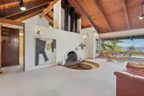 The fireplace is made from slump stone, which are removed from their molds before drying, giving them unique shapes.