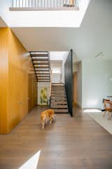 RAM windows let in natural light to highlight wooden stairs with metal balusters.