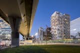 The tower of the project and under the motorway. 