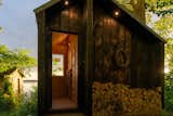 Golden hour with Sturgeon Lake background and sauna exterior detail