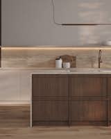 The kitchen island contains built-in cabinets with thin, framed fronts, which is a defining feature of Japandi design that highlights minimalism, refined proportions, and understated sophistication.