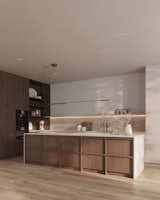 Warm-toned wood cabinets introduce a sense of structure and warmth, complemented by light walls that brighten the space with a natural glow. 