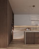 The kitchen pairs open shelving with a pantry cabinet that includes integrated appliances and pull-out drawers, creating functional storage while preserving a clean, minimalist aesthetic.