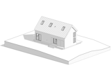 Axonometric view showing the cape-style roof and outdoor storage closets.