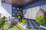 This space seamlessly blends modern elegance with natural tranquility, creating the perfect urban retreat. The lush green turf underfoot and geometric stone pathways add a refreshing touch, while the vertical garden wall brings life and vibrancy to the environment. 