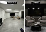 I decided the best course of action for this windowless basement was to lean into the darkness. Rather than fight it, we embraced it. Handcrafted wood paneling concealed a door and helped the TV blend seamlessly into the space. A custom-designed entertainment console beneath the TV was created to mimic the custom fluted wood paneling on the walls.