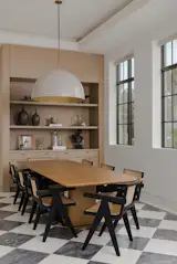 Dining Room with Checkerboard Marble Floors and Custom Built In Bar