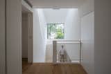 The combination of white walls, natural wood flooring, and an expansive window allows for a seamless flow of natural light. The window frames a lush outdoor view, reinforcing a strong connection to nature. The mesh railing adds a subtle industrial touch while maintaining transparency.
