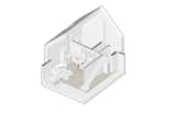 Isometric drawing illustrating the cottage’s spatial layout and relationship to the surrounding landscape.
