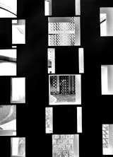 Singular repetition of a square transforming to a brick animalistic skin up the Core of the building. 
