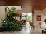 The living and kitchen spaces flow together, framed by wood cabinetry, terrazzo, and abundant greenery.