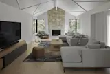 The vaulted ceiling is reinterpreted with slender mullion lines that add rhythm and soften the symmetry of the original structure. A herringbone wood floor directs the eye toward the existing stone fireplace, reinforcing it as the natural centerpiece of the room. (Furniture sourced out by clients)